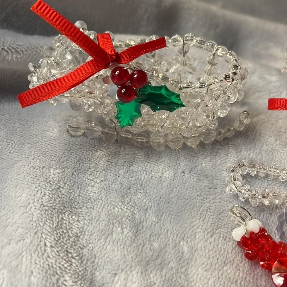 Vintage Beaded Mouse and Two Sleighs Red/Green/ Sparkle w/Holly Accents